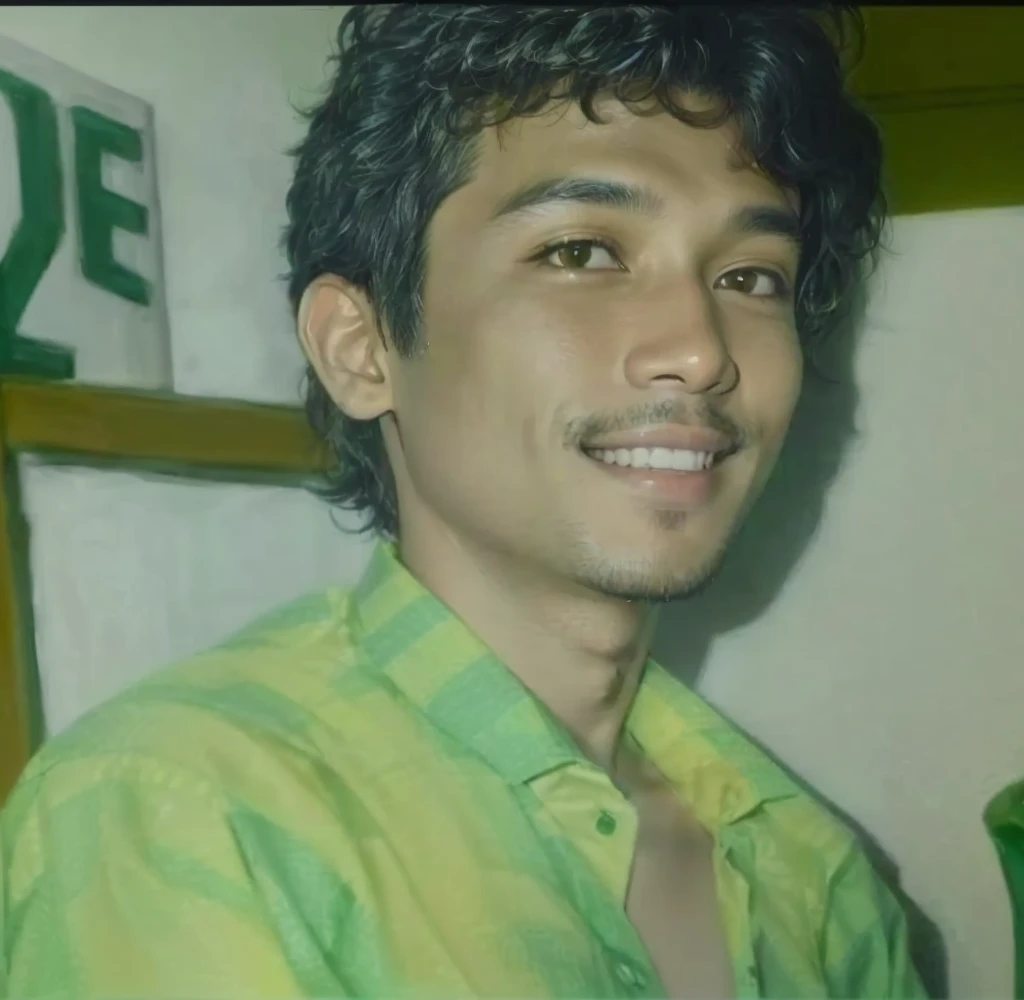 Malay male, 30 years old, similar face, smiling, slightly curly hair, yellow and green checkered shirt, hyper realistic, good lighting 