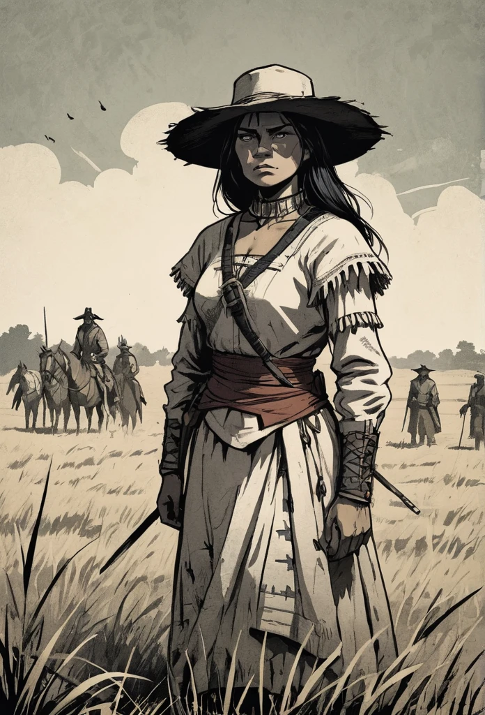 woman cheyenne, High contrast, minimalistic, colored black and grungy white, stark, dramatic, graphic novel illustration, cross hatching, seminole war, traditional outfits, landfields