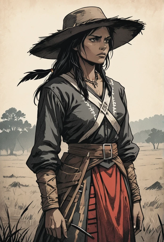woman cheyenne, High contrast, minimalistic, colored black and grungy white, stark, dramatic, graphic novel illustration, cross hatching, seminole war, traditional outfits, landfields