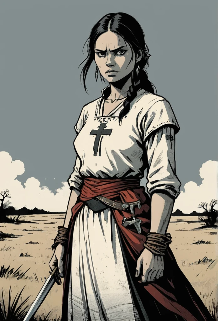woman cheyenne, High contrast, minimalistic, colored black and grungy white, stark, dramatic, graphic novel illustration, cross hatching, seminole war, traditional outfits, landfields