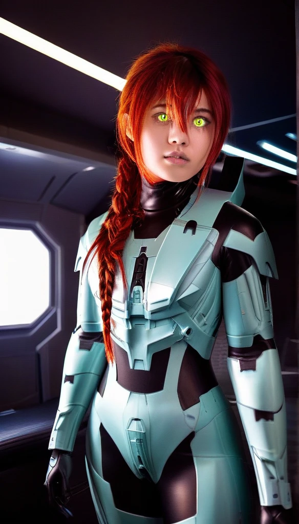 1 Girl、((glowing eyes, red eyes)), Medium Bust、solo、red Hair、Braid、Mobile Race Suit、Shoulder Armor、ceiling、Wide Shot、Looking Ahead、zipup suit 、Closed Mouth、Highest quality、medium quality、22 years old、Mobile Trace System、cockpit、Asian、CyborgCosplay