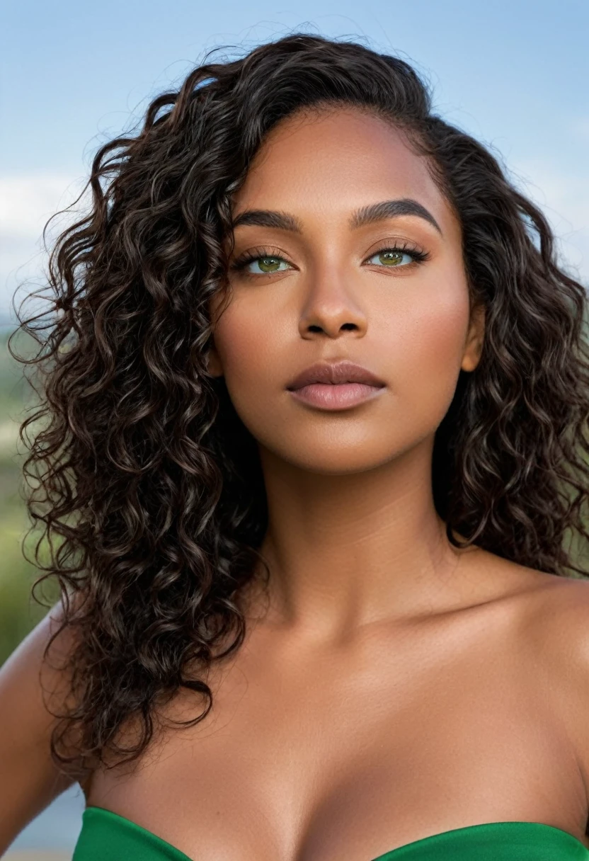 Urban Profile Photo: Woman sideways, with her face facing the urban horizon, highlighting both the person and the landscape in the background. woman wears black top and short black skirt, with white sneakers. Completely Arafed woman, with green eyes, eyes open and head held high. Confident pose, confident pose, beautiful young black woman with dark skin, black Brazilian mixed race, beautiful 30 year old Afro-Latina girl, beautiful African and Latin woman, Brazilian and Angolan descent, black woman, mixing African and indigenous features, a unique blend of indigenous, African and European ebony. The hair is extremely curly, with well-defined and voluminous curls. The natural texture. Her hair is long, falling in voluminous waves around her shoulders and down her back. The hair is left with a lot of volume, creating a full and dense appearance. The hair is black. green eyes, green eyes, expressive green eyes, beautiful green eyes, realistic green eyes, detailed green eyes (eyeliner, long eyelashes). Perfect, thick eyebrows. the nose is small and proportional, the face is beautiful. Attractive and irresistible mouth, well-defined lips, full lips, voluminous lips, seductive lips. The face is oval, with high cheekbones and a well-defined chin, a beautiful and detailed face. Professional, dramatic makeup, a more impactful look with shadows that accentuate the captivating look, striking makeup, with eyeliner, black lipstick. Skin tone: Olive skin, healthy and even glow, with olive skin, dark skin, sexy girl with olive skin, detailed skin texture, beautiful and glowing skin, intricate details, smooth skin, healthy and radiant appearance. The woman has a well-defined and athletic body. Her silhouette is shapely, highlighting her thin waist in contrast to her fuller hips and bust. She has a prominent bust, with large, firm breasts, silicone breasts, voluminous breasts. Thin waist. The hips are wide and well defined, with a pronounced hourglass shape and a large butt. The leg