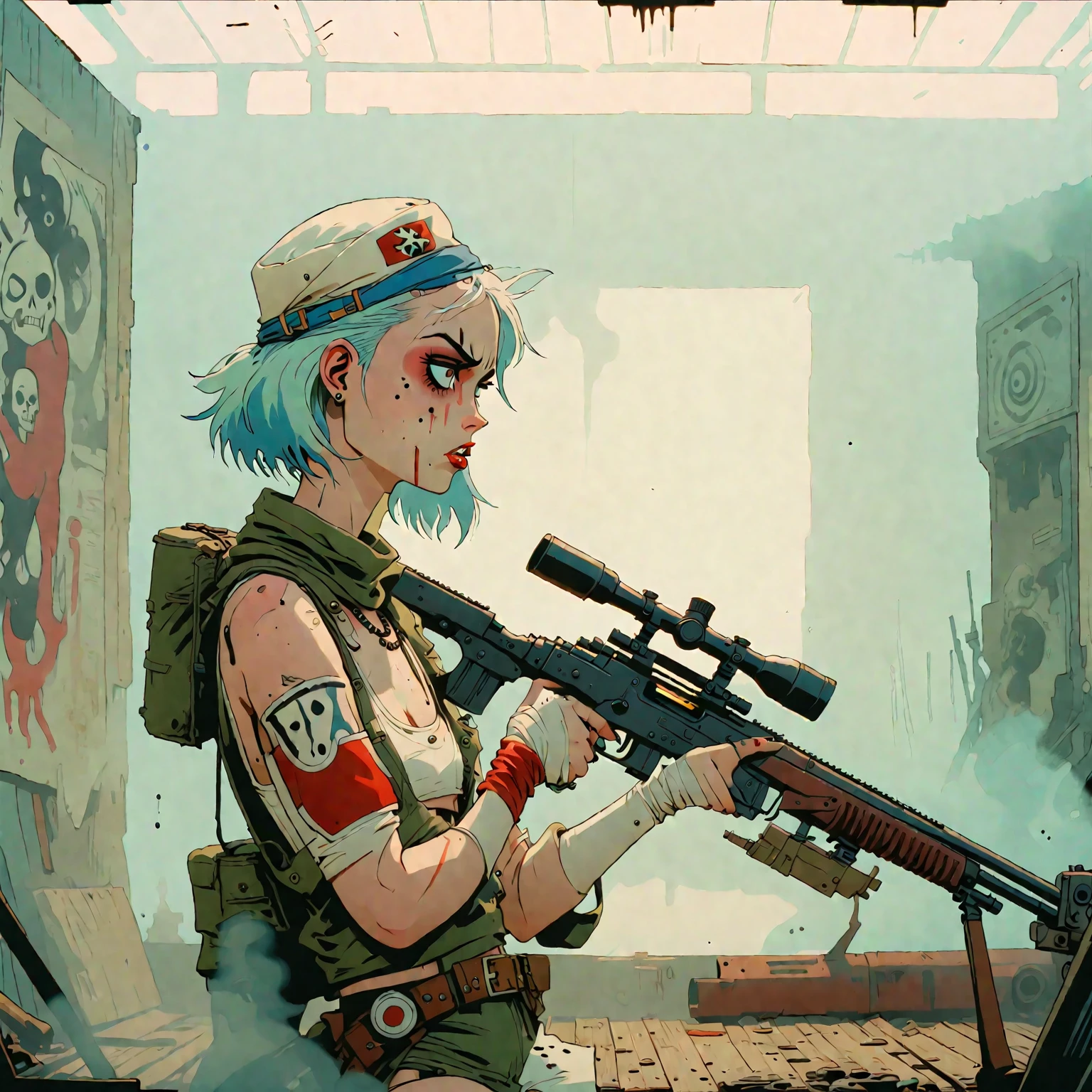 heat, haze, hallucination, apparition, unsettling, overwhelming, tank girl, film screengrab, minimal, serene, perfect, strange, candid, cinematic, tank girl with sniper rifle, realism, photographed, timeless, blank canvas, nuanced, clearly cartoon distinct tank girl style aesthetics,