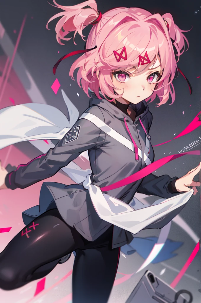 2d, masterpiece, 1girl, solo, natsuki, pink eyes, pink hair, medium hair, two side up, hair ribbon, hair ornament, black leggings, leggings