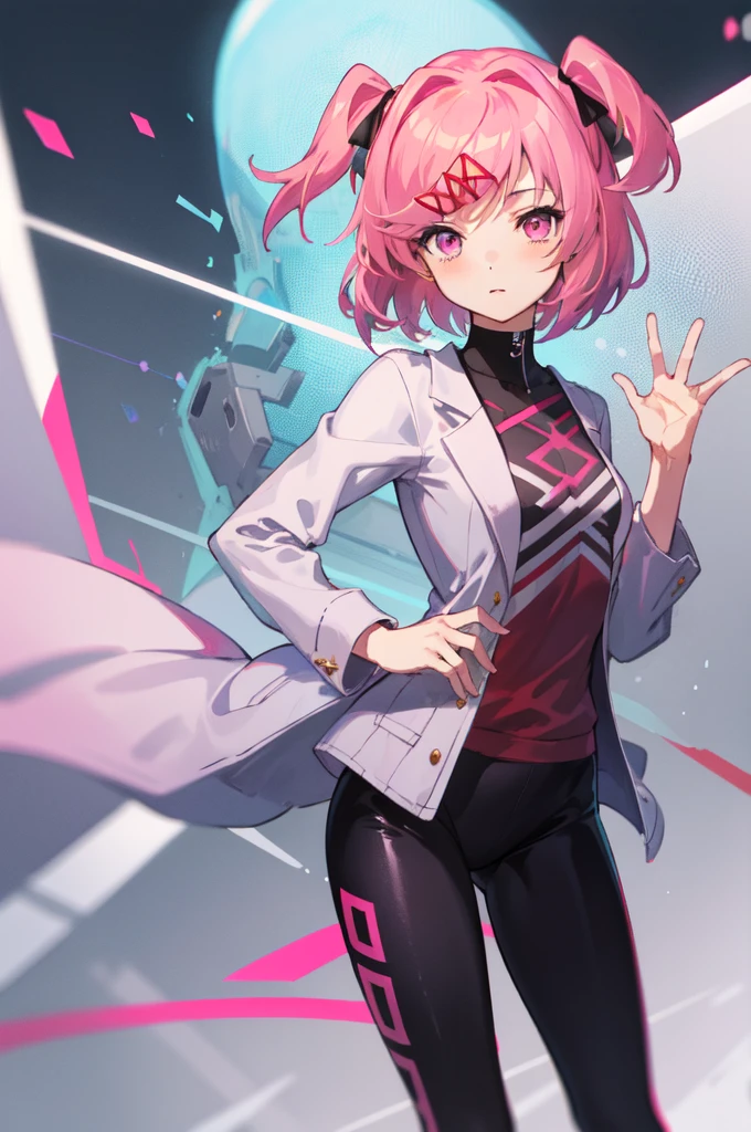 2d, masterpiece, 1girl, solo, natsuki, pink eyes, pink hair, medium hair, two side up, hair ribbon, hair ornament, black leggings, leggings