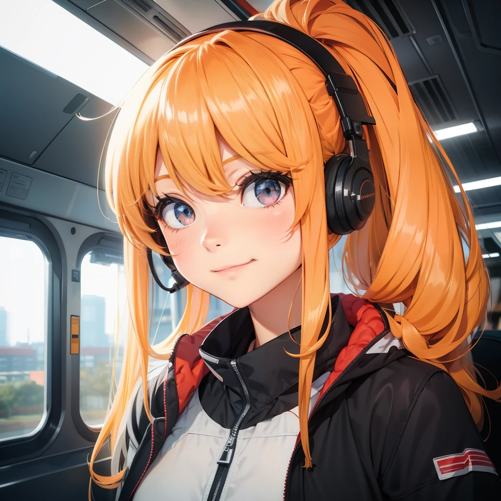 A girl, hair, Long hair, Feminization, Gentle smile, Hooded jacket, Glowing orange eyes, Train Background, Wearing black headphones, whole body, Face mask, Double ponytail hairstyle,