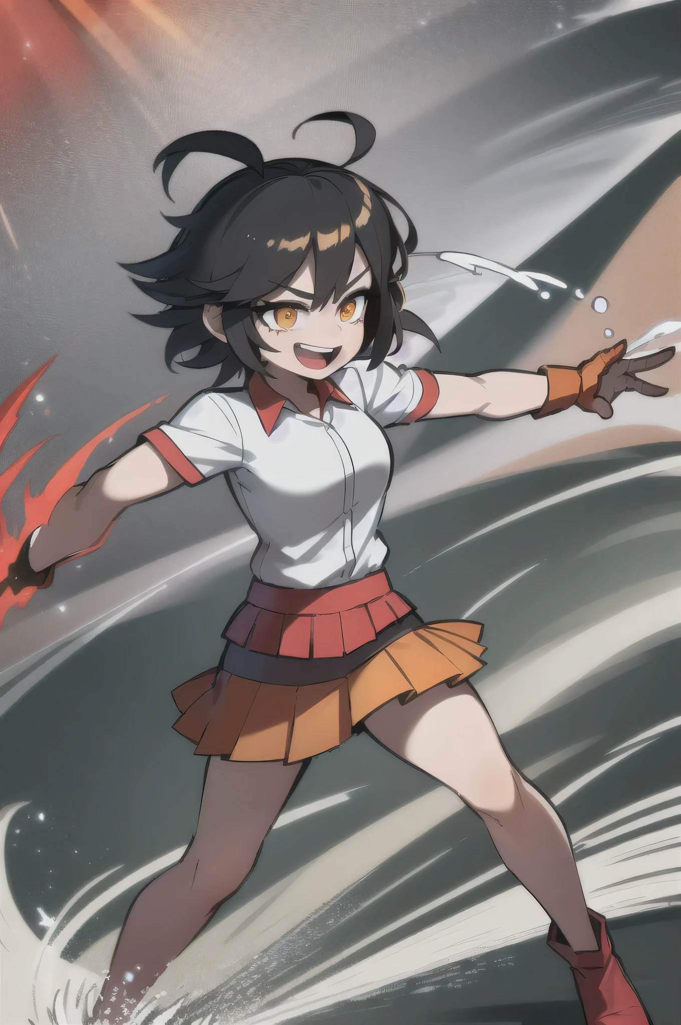 ((masterpiece, best quality)), (1girl), (solo), (female focus), (ahoge, blonde amd black hair, short hair), fire eyes, light smile, open mouth, ((torn skirt), (( red skirt)), standing, water background, arms behind back, dynamic angle