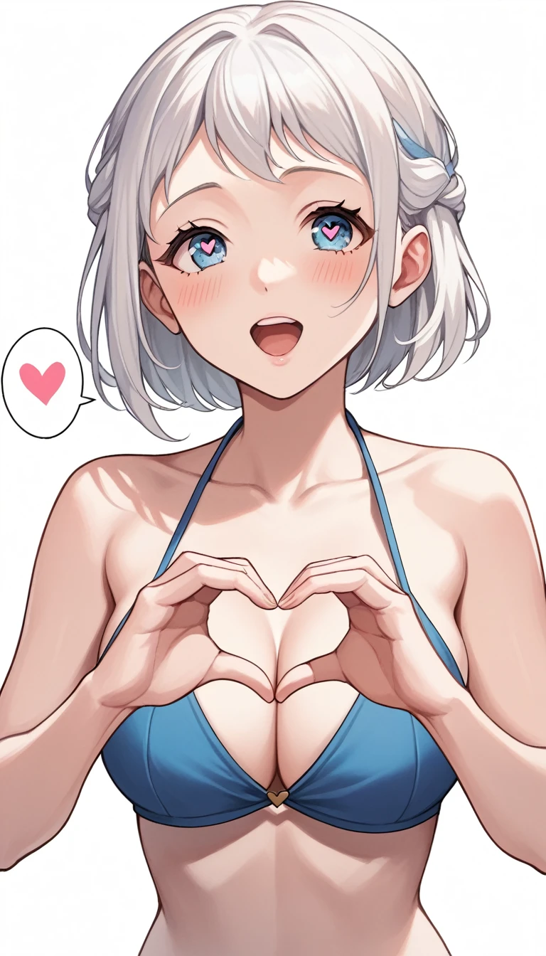 16k,score_9, score_8_up, score_7_up, source_anime, rating_safe,super detailed , katsuragi lilja,blue eyes,white hair,short hair,braid,,bikini, (heart eyes),(heart in eyes), heart hands,spoken heart,open mouth,dutch angle,big breast ,blush,beautiful face,beautiful eyes,details eyes,white background