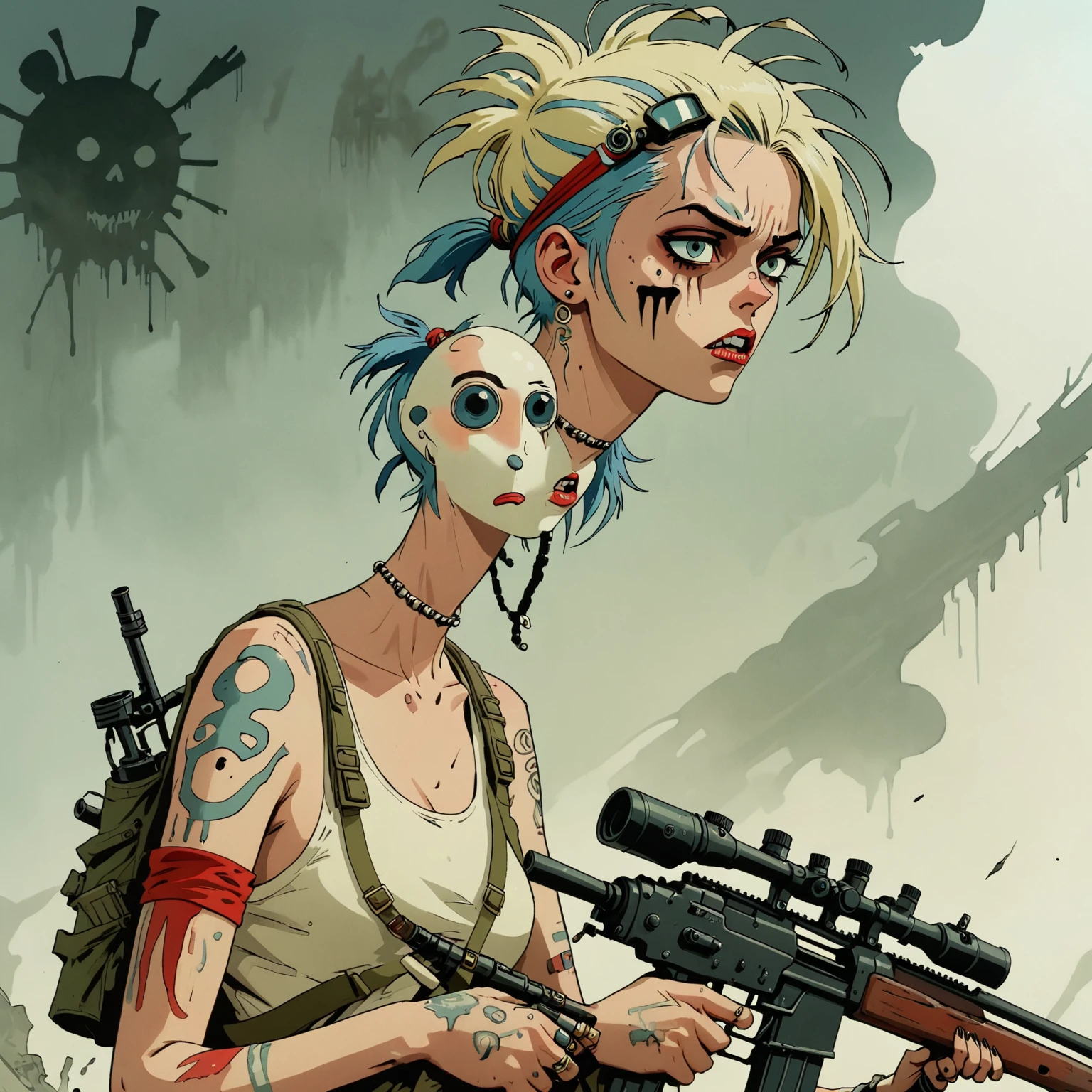 heat, haze, hallucination, apparition, unsettling, overwhelming, tank girl, film screengrab, minimal, serene, perfect, strange, candid, cinematic, tank girl with sniper rifle, realism, photographed, timeless, blank canvas, nuanced, clearly cartoon distinct tank girl style aesthetics,