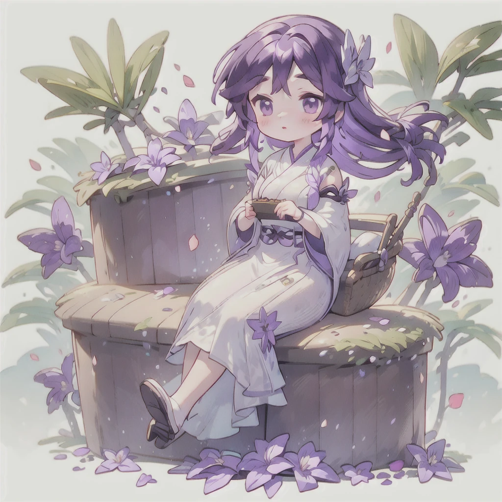 best quality, Cute light-skinned baby chibi anime, Long purple hair,Shouhui,cute,Purple Eyes, Butterfly hair accessory on the right,full body,((独奏)),Long skirt,big breast,Bare legs,White background,Falling petals,Holding a basket of flowers,Picking flowers,forest,garden,Purple gerbera flowers in bloom,orchid,railing