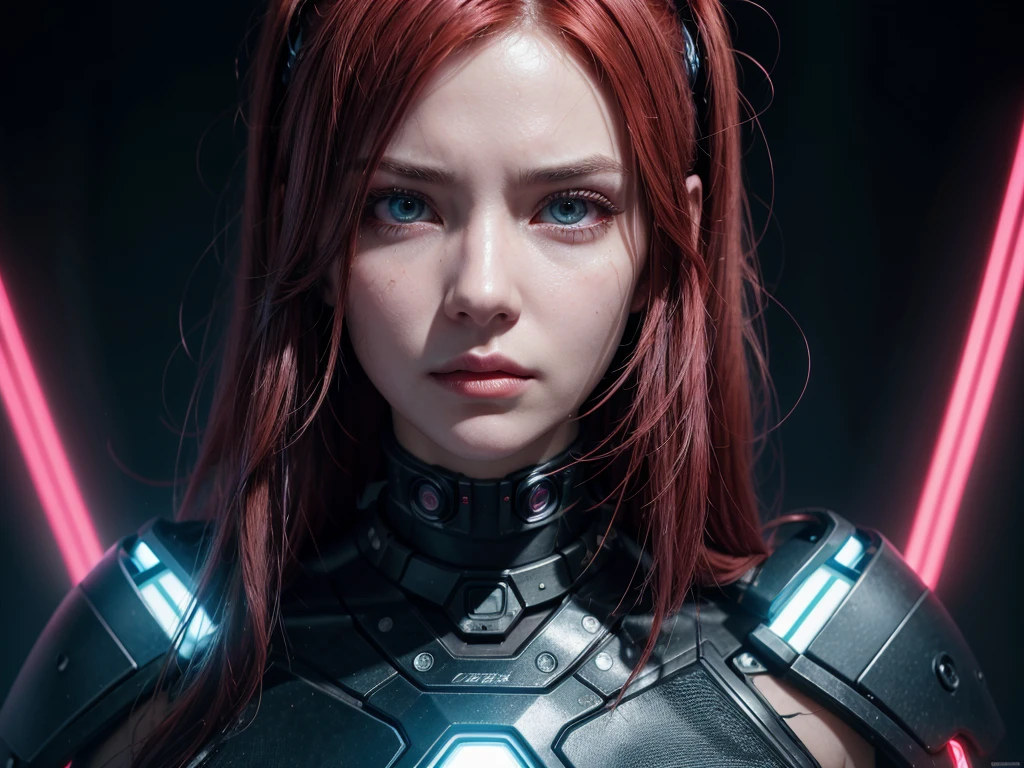 A single woman with intense, styled red hair, perhaps with neon streaks. Her expression is serious and determined, with one half of her face appearing cybernetic. She has bright pink glowing eyes, with the cybernetic eye having a more intense glow, suggesting advanced technological implants. She is looking directly at the screen, establishing an intense connection with the observer.
Her skin has a pale tone on the human side, while the cybernetic side features metallic and synthetic components. There is a vibrant neon reflection on her face, adding to the futuristic atmosphere. The neon light highlights her features and enhances the cyberpunk aesthetic.