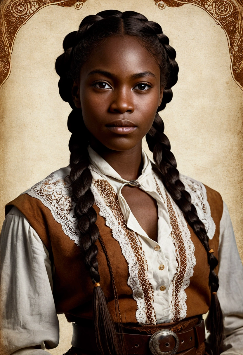 creative western film cover style old photograph with a young African woman, long braided hair, darkskin, western film character, Sexy girl with brown eyes, 精致的面容, ultra realist, meticulously detailed, wearing period clothes with white lace. she is holding a winchester. The image is an old western film cover