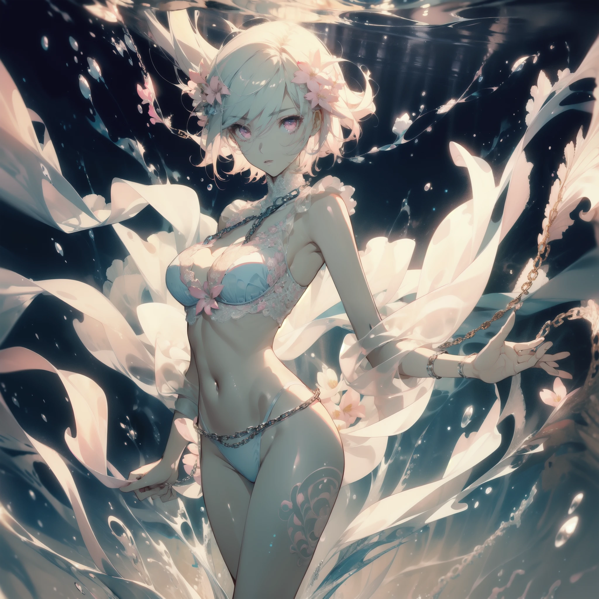 ((masterpiece, best quality)), Delicate face，Magician，Standing picture，whole body，Perfect body proportions，Long legs，Handsome short hair，Nice pink eyes，Fantasy style，White background，Extremely beautiful，transparent，Pure white armor，Sexy bikini，Sea of Flowers，Water Ripples，chain，Tattoo，Lace，exposed