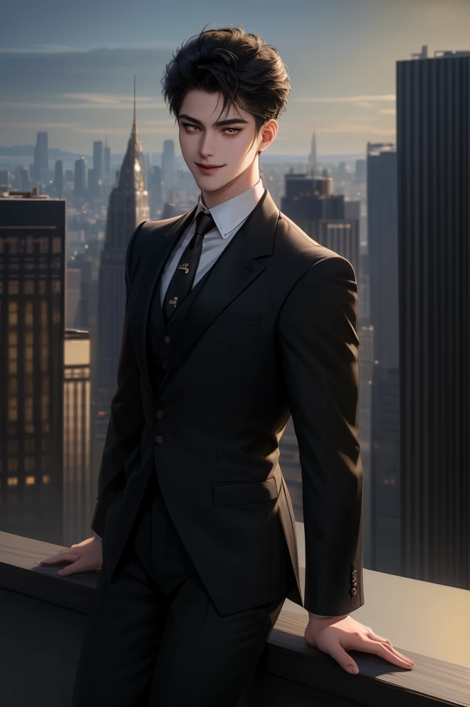 (masterpiece,best quality,ultra_detailed,highres,absurdres) (detailed shadow) (quality light),1 mature male, 21 years old, korean male focus, solo, short black hair, (yellow eyes), city background, full body, looking at viewer, parted lips, round eyewear, (wearing black suit with tie), showing a bit of muscles, smirk smile face.