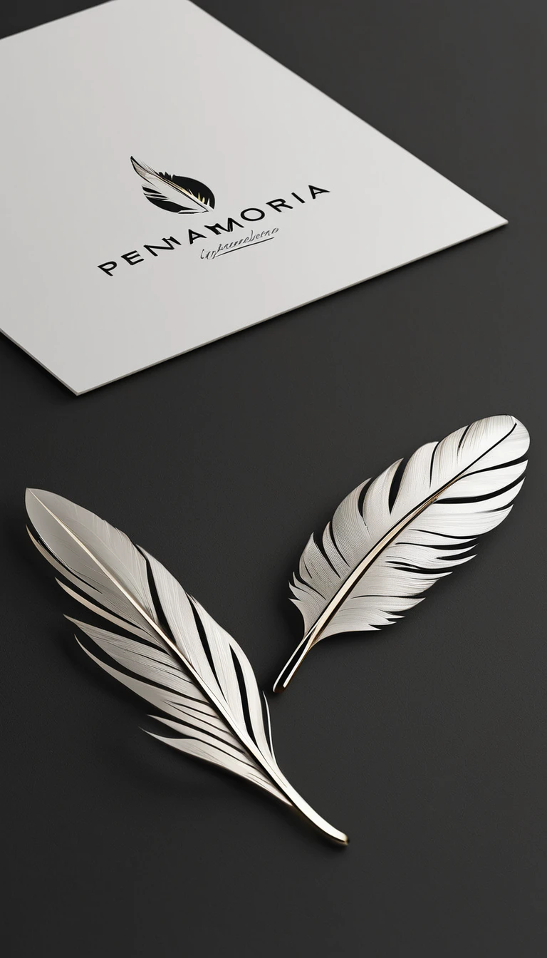 A minimal, modern, simple, cinematic logo design for the brand “Penamemoria". Create a modern, minimalistic, high-quality, logo of a feather with wings that convey a sense of memories and dreams