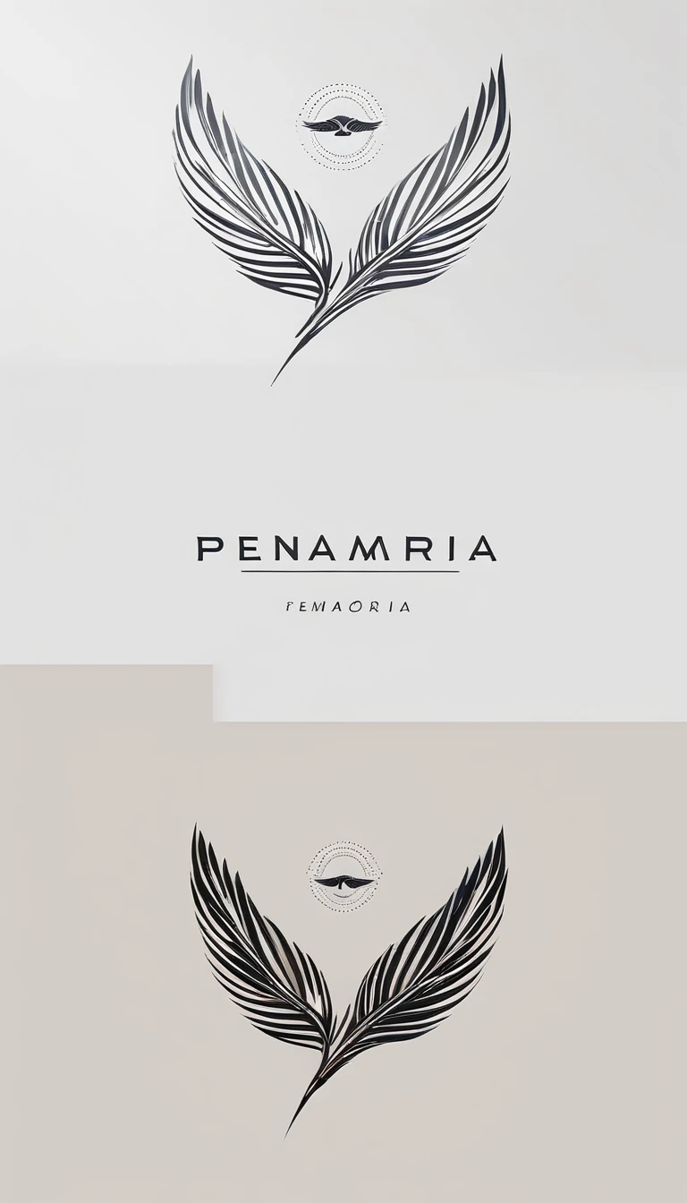 A minimal, modern, simple, cinematic logo design for the brand “Penamemoria". Create a modern, minimalistic, high-quality, logo of a feather with wings that convey a sense of memories and dreams