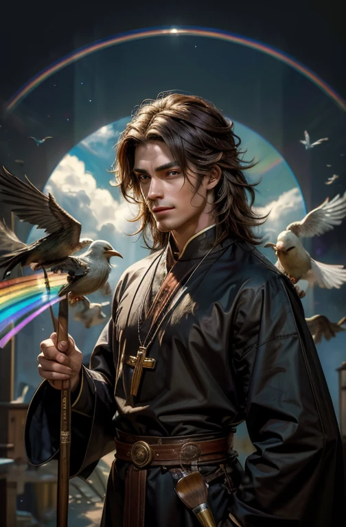On his chest is a painting of a bird with a rainbow feathered tail encircling it like religious iconography. He has brown long-haired is handsome Symmetrical featured Male Monk with a knack for painting, and spreading love and peace. Brown long-haired handsome Symmetrical featured Male Priest with the religious iconography of a bird with a rainbow feathered tail. This priest has a knack for painting, spreading love and peace. Holding a paintbrush with a smile on his face facing forward.