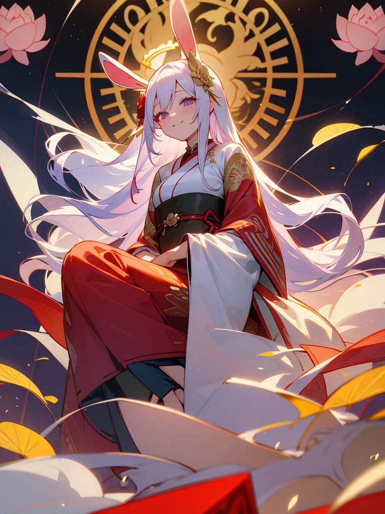 Buddha, rabbit ears, long white hair, Red Japanese pattern dress, portable shrine, festival, Angel Halo, lotus flower field, purple eyes, smile, swallow, lotus bouquet, gold screen, paradise, Rose hair ornament
