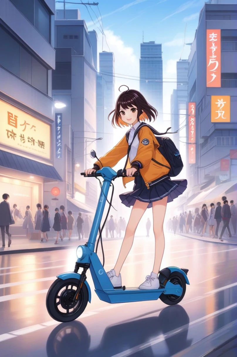 Anime artwork 2D, A girl wearing trousers, Are standing, road, Riding an electric scooter around town . Anime Style, Key Visual, Studio Anime