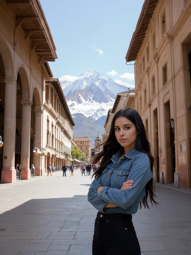 her name is Charlie, high quality, 1girl, ((25-year-old fit Caucasian woman)), ((25 years old)), ((SLIM)), ((long dark hair), pose: standing, wearing In style in trend Generation-Z modern wear different colored, BACKGROUND:"In the Plaza de Armas, surrounded by colonial architecture and with the Andes Mountains in the distance."
