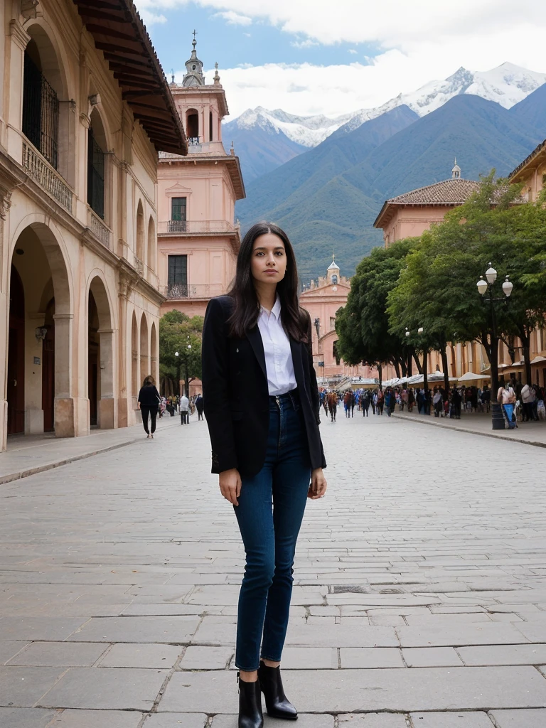her name is Charlie, high quality, 1girl, ((25-year-old fit Caucasian woman)), ((25 years old)), ((SLIM)), ((long dark hair), pose: standing, wearing In style in trend Generation-Z modern wear different colored, BACKGROUND:"In the Plaza de Armas, surrounded by colonial architecture and with the Andes Mountains in the distance."