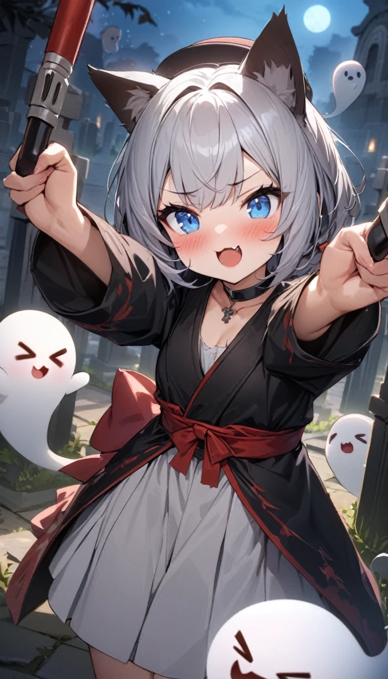 (((best quality)), ((masterpiece)), (details), masterpiece, best quality, high quality, ulutra detailed, perfect face, ((1girl, blue eyes, cat ears: 1.3 silver bob hair: 2.5,)) 、Shiny Hair、Glowing Skin、blush、Lustful look、breakfast、Japanese food、sleepy、smile、Open your mouth、Tiny vampire fangs、
choker、Kyungsi's costume、Kyungsi's Hat、Kung Fu Pose、
Cute ghost、>_<、Have a nunchuck、
Arms stretched straight out in front、
Chinese cemeteries、night、
masterpiece、Highest quality、Very aesthetic