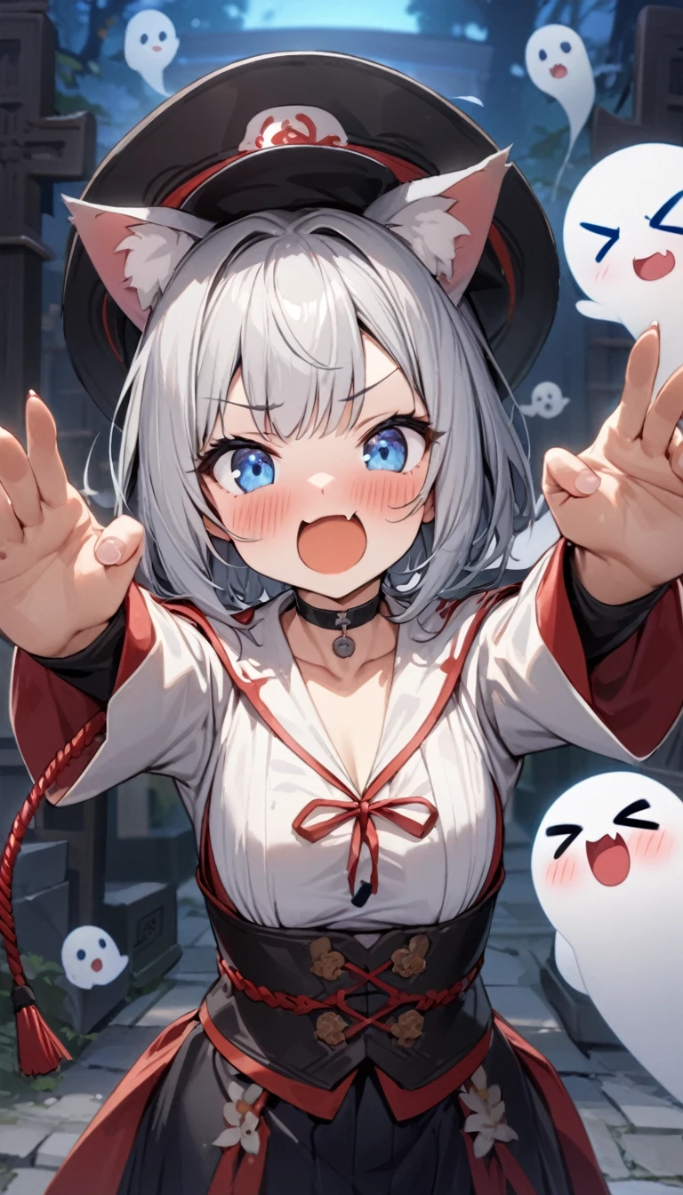 (((best quality)), ((masterpiece)), (details), masterpiece, best quality, high quality, ulutra detailed, perfect face, ((1girl, blue eyes, cat ears: 1.3 silver bob hair: 2.5,)) 、Shiny Hair、Glowing Skin、blush、Lustful look、Tiny vampire fangs、 choker、Kyungsi's costume、Kyungsi's Hat、 Cute ghost、>_<、Have a nunchuck、 Arms stretched straight out in front、 Chinese cemeteries、night、 masterpiece、Highest quality、Very aesthetic