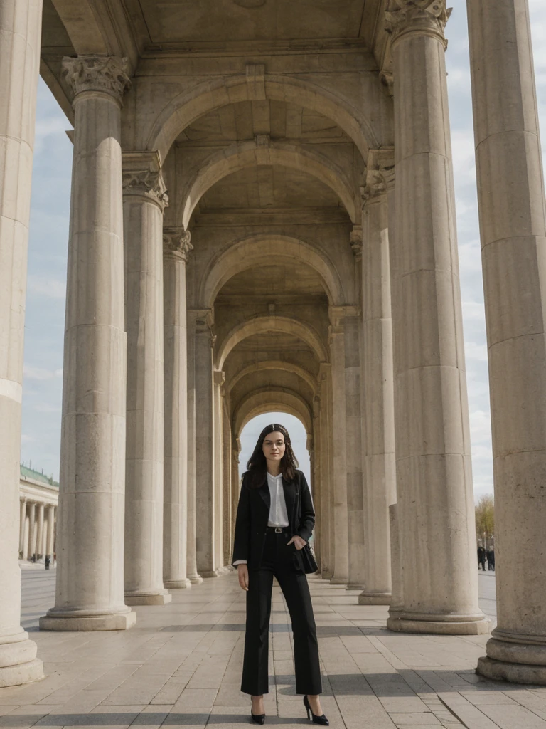 her name is Amelie, high quality, 1girl, ((25-year-old fit Caucasian woman)), ((25 years old)), ((SLIM)), ((long dark hair), pose: standing, wearing In style in trend Generation-Z modern wear different colored, BACKGROUND:"At the Brandenburg Gate, with its imposing columns and the Unter den Linden boulevard stretching out before you."