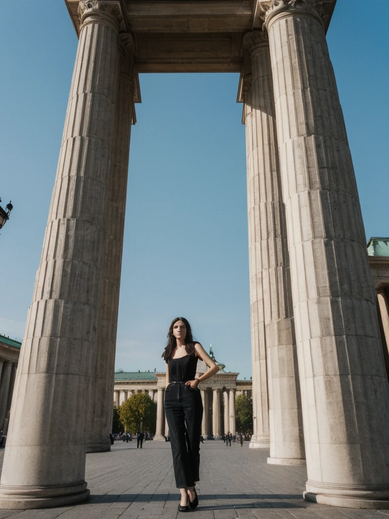 her name is Amelie, high quality, 1girl, ((25-year-old fit Caucasian woman)), ((25 years old)), ((SLIM)), ((long dark hair), pose: standing, wearing In style in trend Generation-Z modern wear different colored, BACKGROUND:"At the Brandenburg Gate, with its imposing columns and the Unter den Linden boulevard stretching out before you."