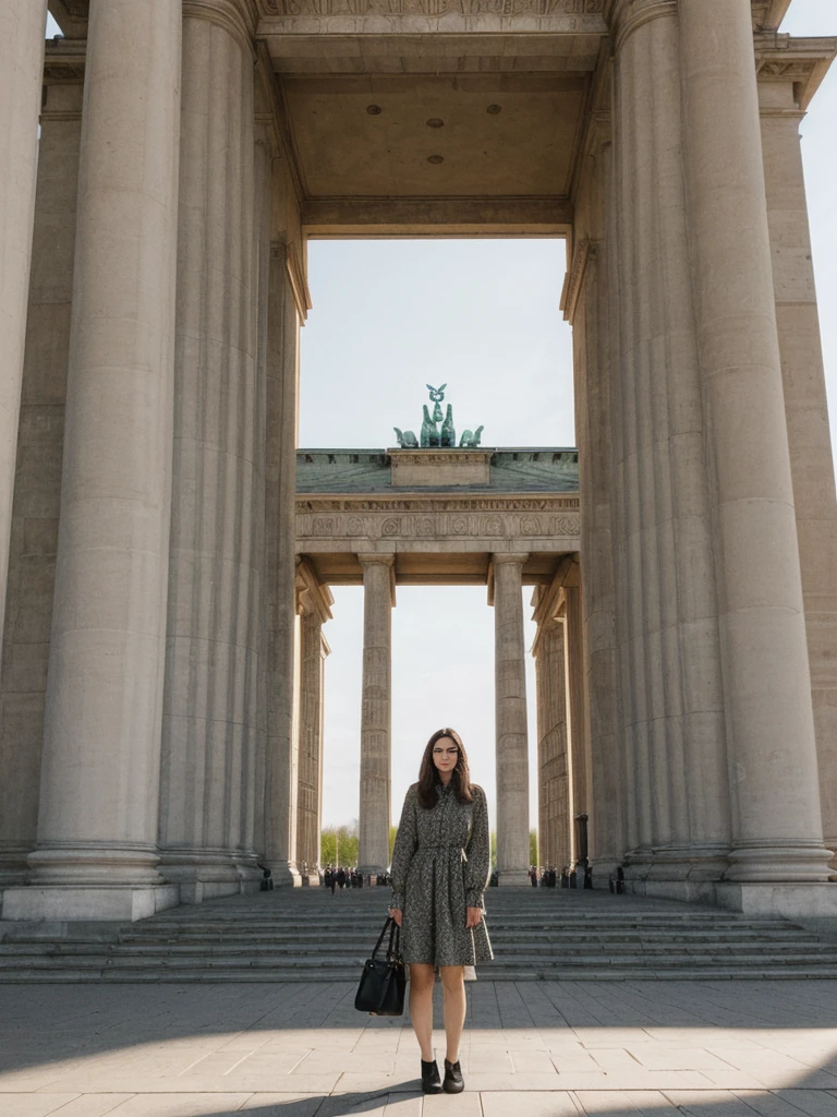 her name is Amelie, high quality, 1girl, ((25-year-old fit Caucasian woman)), ((25 years old)), ((SLIM)), ((long dark hair), pose: standing, wearing In style in trend Generation-Z modern wear different colored, BACKGROUND:"At the Brandenburg Gate, with its imposing columns and the Unter den Linden boulevard stretching out before you."