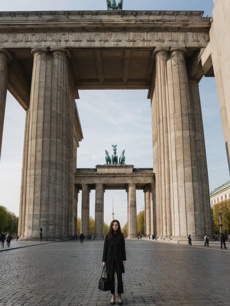 her name is Amelie, high quality, 1girl, ((25-year-old fit Caucasian woman)), ((25 years old)), ((SLIM)), ((long dark hair), pose: standing, wearing In style in trend Generation-Z modern wear different colored, BACKGROUND:"At the Brandenburg Gate, with its imposing columns and the Unter den Linden boulevard stretching out before you."