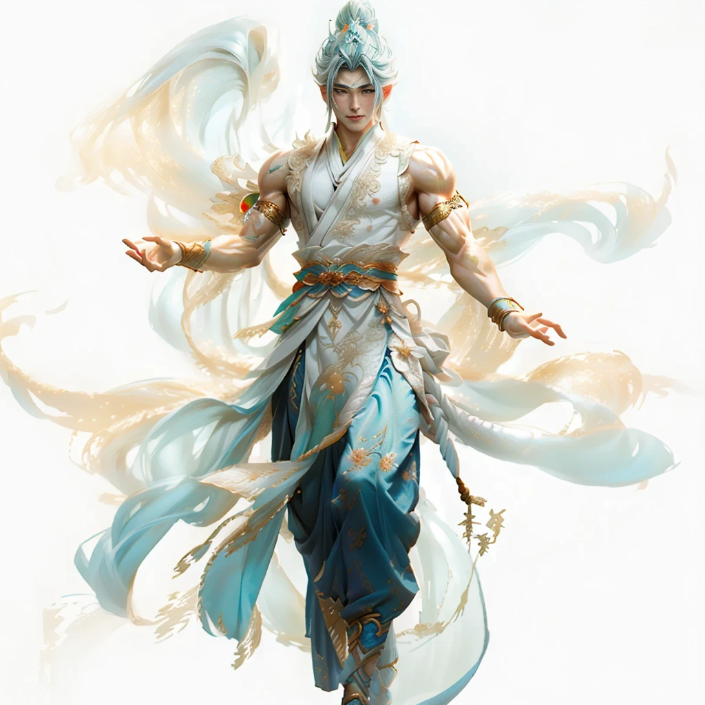 Dunhuang,Aesthetic,male,muscular,Hairstyle,Clothes white gold,Fairy air,4K,Lighting,Ball head,Clothes fluttering yarn,Flowing clothes,Male bodhisattva,头发Hairstyle,sacred,Cool clothing,Biceps,Monk,bust,Asian beauty,Chest muscles,Abdominal muscles