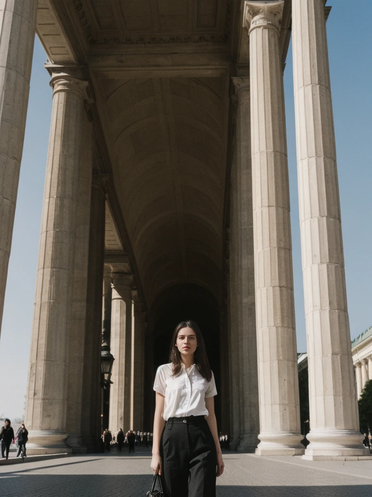 her name is Amelie, high quality, 1girl, ((25-year-old fit Caucasian woman)), ((25 years old)), ((SLIM)), ((long dark hair), pose: standing, wearing In style in trend Generation-Z modern wear different colored, BACKGROUND:"At the Brandenburg Gate, with its imposing columns and the Unter den Linden boulevard stretching out before you."