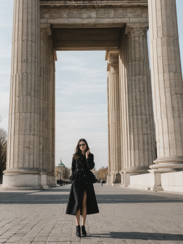 her name is Amelie, high quality, 1girl, ((25-year-old fit Caucasian woman)), ((25 years old)), ((SLIM)), ((long dark hair), pose: standing, wearing In style in trend Generation-Z modern wear different colored, BACKGROUND:"At the Brandenburg Gate, with its imposing columns and the Unter den Linden boulevard stretching out before you."