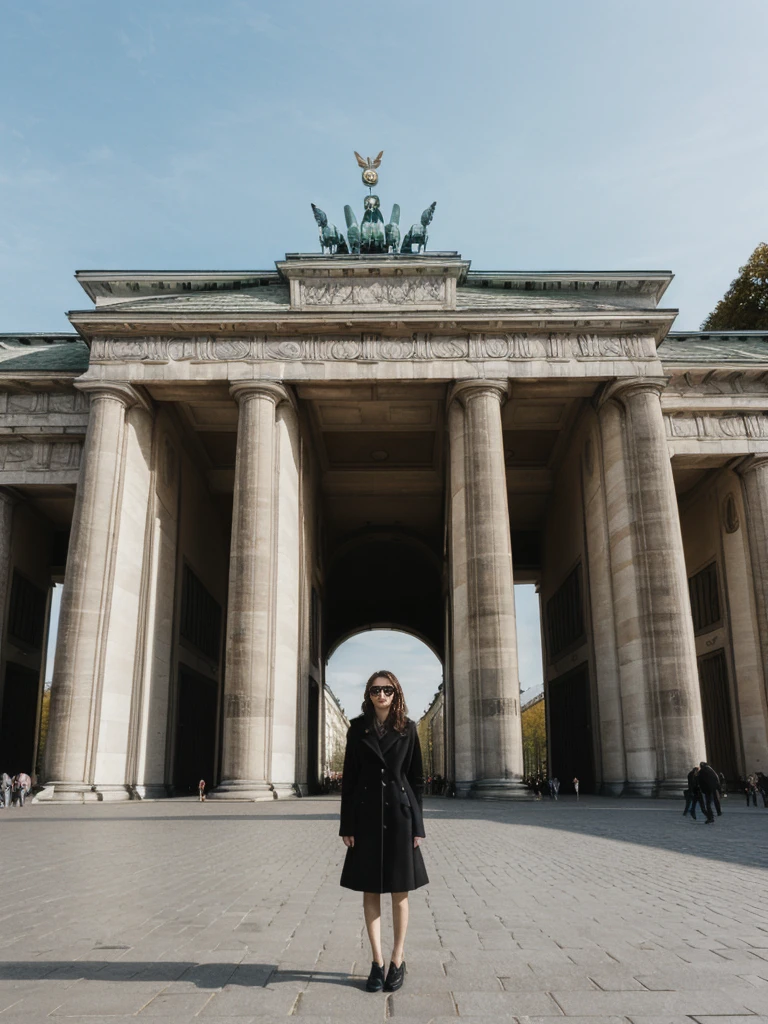 her name is Amelie, high quality, 1girl, ((25-year-old fit Caucasian woman)), ((25 years old)), ((SLIM)), ((long dark hair), pose: standing, wearing In style in trend Generation-Z modern wear different colored, BACKGROUND:"At the Brandenburg Gate, with its imposing columns and the Unter den Linden boulevard stretching out before you."