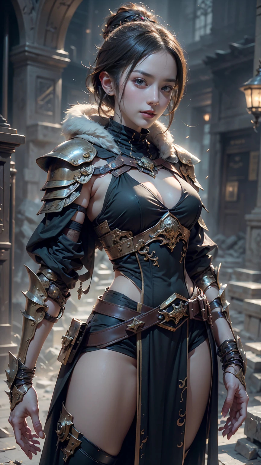 Game art，The best picture quality，Highest resolution，32K，(A bust photograph)，(Portrait)，(Head close-up)，(Rule of thirds)，Unreal Engine 5 rendering works， (The Girl of the Future)，(Female Warrior)， 20-year-old girl， elegant smile, short hair, ((Hunter))，An eye rich in detail，(Big breasts)，Elegant and noble，indifferent，brave， （Medieval-style fur combat clothing，Glowing magic lines，Animal skin clothing with rich detailedieval Lady Knight，Medieval ranger， photo poses，simple background，Movie lights，Ray tracing，Game CG，((3D Unreal Engine))，OC rendering reflection pattern