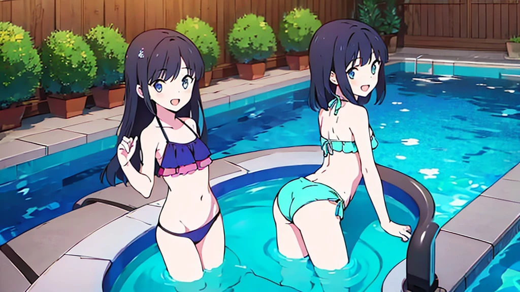 Masterpiece, Best Quality, extremely detailed, cheered up, girl,night pool,high waist bikini,SMILE,:d,action,(small breasts),ass focus