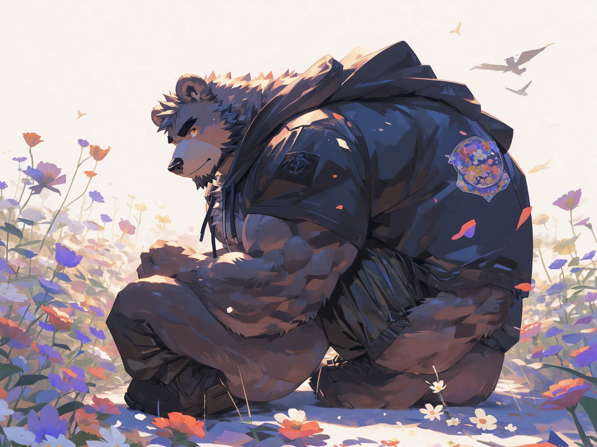 (masterpiece:1.2), best quality,pixiv,official art,perfect anatomy, (Ray tracing, light),solo, (1_male:1.3) , (muscle), (grey fur:1.4), (muscle bear), (beard:1.2), (gleaming golden eyes), bear tail, Thick black eyebrows, (open hoodie :1.3) , (naked inside:1.2), cargo pants, boots, portrait , (white background:1.3) , (flowers around:1.3)