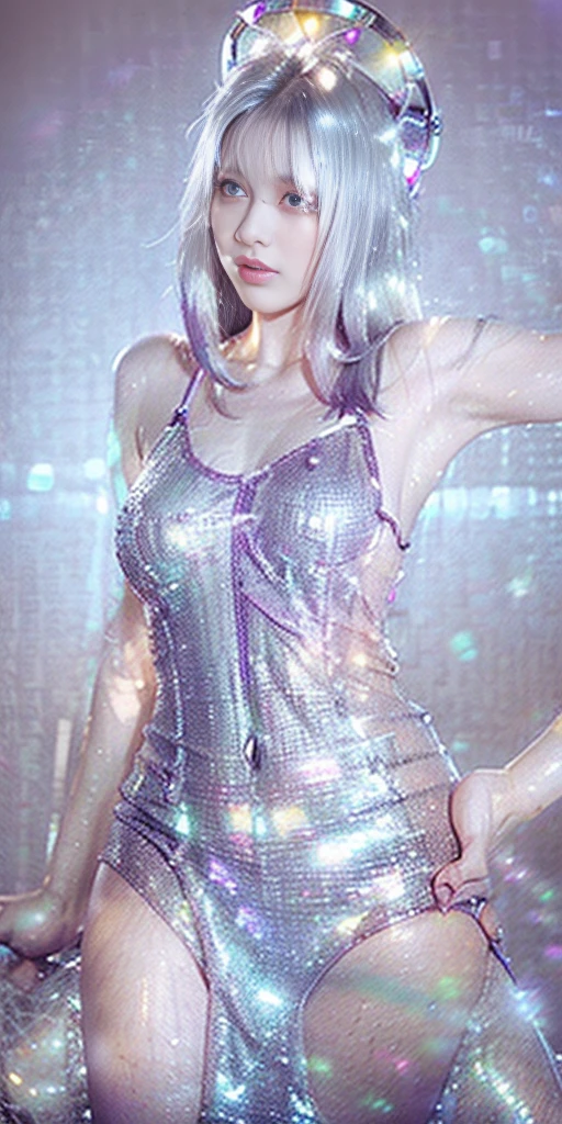 Top Quality, Ultra High Definition, (backlight), (Photorealistic: 1.4), (cowboy shot:1), 1 Beautiful Girl, (Kpop Idol), Detailed Face, (Hair Style: Pink:1, fullbang, shortbob-style:1), Contrapposto, Perfect Anatomy, Smooth Skin, Professional Lighting, ((wearing elegant sequins dress), (background, crashed cars, fire, (Explosion)),