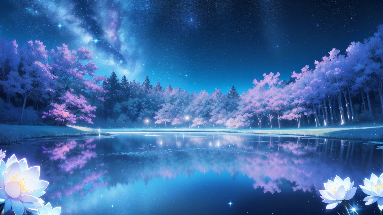 Mystical landscape with ((luminous starry blue and white flowers emitting light particles surrounding pond)),softly glowing butterflies, (one beautiful vivid purple sakura tree), (((unique view with extremely vivid multicolors without any people))), {extremely detailed 16k CG unity wallpaper}, expansive natural landscape photography, (wide open field view), (low angle shot),complex details, (iridescent colors: 1.6), (dark night lighting), (atmospheric lighting), Dreamy, unique, no people, reflections perfect,(no humans),landscape only, pixiv_fantasia,((starry glittering pond,water filled with shimmering stardust)),dark night