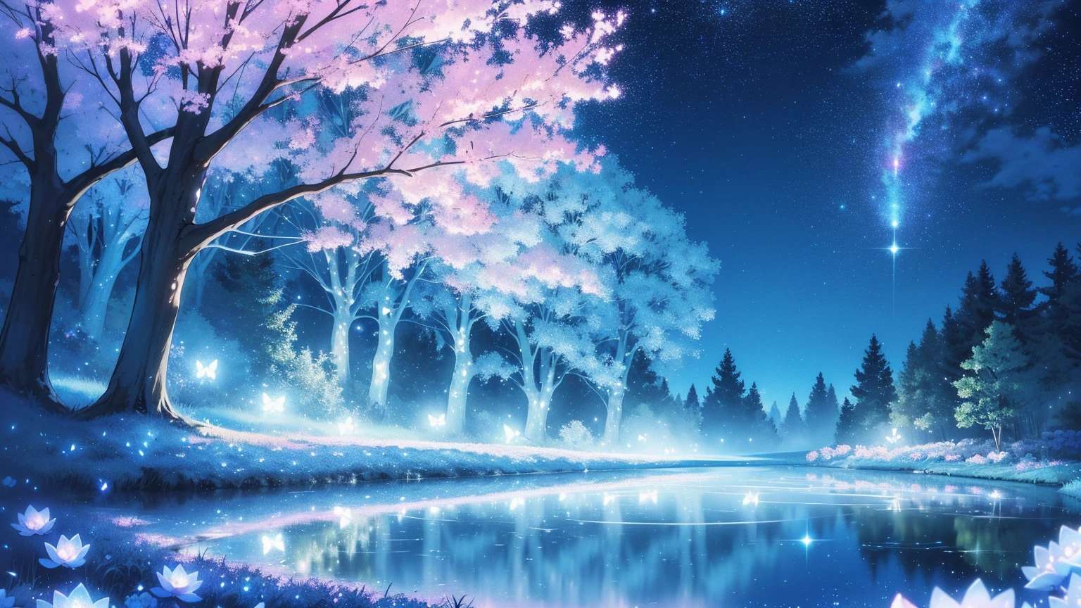 Mystical landscape with ((luminous starry blue and white flowers emitting light particles surrounding pond)),softly glowing butterflies, (one beautiful vivid purple sakura tree), (((unique view with extremely vivid multicolors without any people))), {extremely detailed 16k CG unity wallpaper}, expansive natural landscape photography, (wide open field view), (low angle shot),complex details, (iridescent colors: 1.6), (dark night lighting), (atmospheric lighting), Dreamy, unique, no people, reflections perfect,(no humans),landscape only, pixiv_fantasia,((starry glittering pond,water filled with shimmering stardust)),dark night