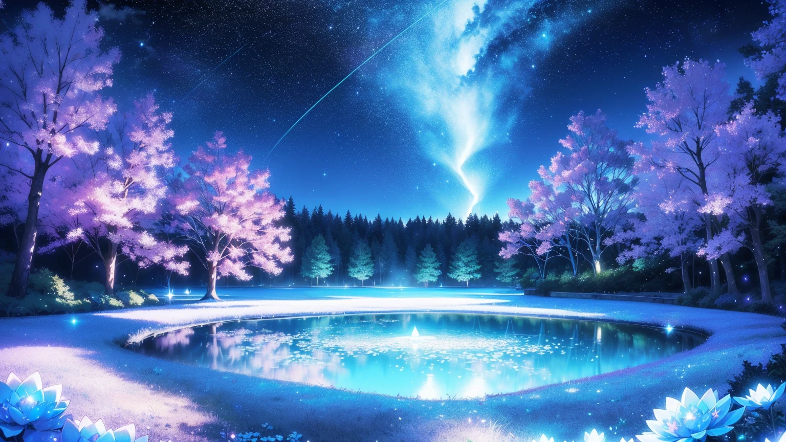 Mystical landscape with ((luminous starry blue and white flowers emitting light particles surrounding pond)),softly glowing butterflies, (one beautiful vivid purple sakura tree), (((unique view with extremely vivid multicolors without any people))), {extremely detailed 16k CG unity wallpaper}, expansive natural landscape photography, (wide open field view), (low angle shot),complex details, (iridescent colors: 1.6), (dark night lighting), (atmospheric lighting), Dreamy, unique, no people, reflections perfect,(no humans),landscape only, pixiv_fantasia,((starry glittering pond,water filled with shimmering stardust)),dark night
