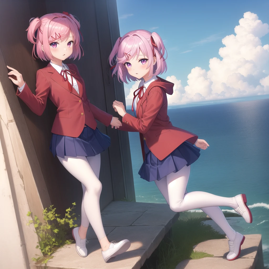 ((masterpiece)),(best quality),official art,extremely detailed CG,unity 8k wallpaper,ultra detailed,A lighthouse on a cliff by the sea,1girl, natsuki (doki doki literature club),pink hair,,white socks,blue skirt,short hair,red ribbon,hair ornament,pink eyes,pleated skirt,looking at viewer,brown jacket,hair ribbon,hairclip,long sleeves,two side up,blush,bangs,white shirt,neck ribbon,small breasts,white footwear,uwabaki, leggings