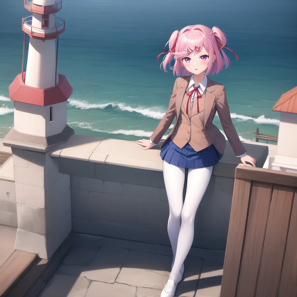 ((masterpiece)),(best quality),official art,extremely detailed CG,unity 8k wallpaper,ultra detailed,A lighthouse on a cliff by the sea,1girl, natsuki (doki doki literature club),pink hair,,white socks,blue skirt,short hair,red ribbon,hair ornament,pink eyes,pleated skirt,looking at viewer,brown jacket,hair ribbon,hairclip,long sleeves,two side up,blush,bangs,white shirt,neck ribbon,small breasts,white footwear,uwabaki, leggings