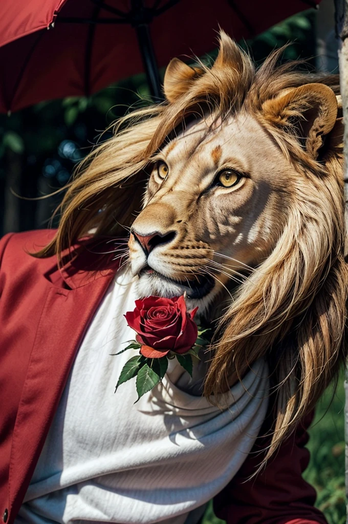 Create an image of a majestic lion. The lion has red eyes and holds a red rose gently in its mouth. It is dressed in a dark green blazer over a white shirt. The overall composition should convey a striking and unique combination of fierceness and elegance, blending the wild nature of the lion with the sophistication of its attire.