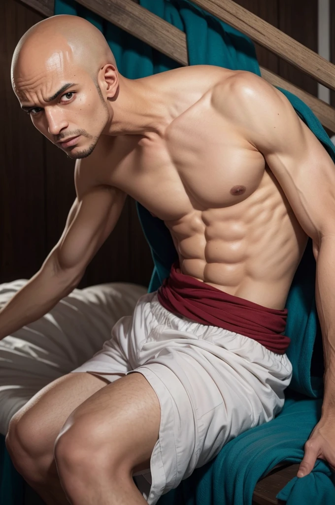 a lean skinny 18-year old shirtless caucasian boy wearing white boxers, undercut brown hair, cute face, tanned skin, drenched with sweat, sweating profusely, lying in bed, sleeping in bed