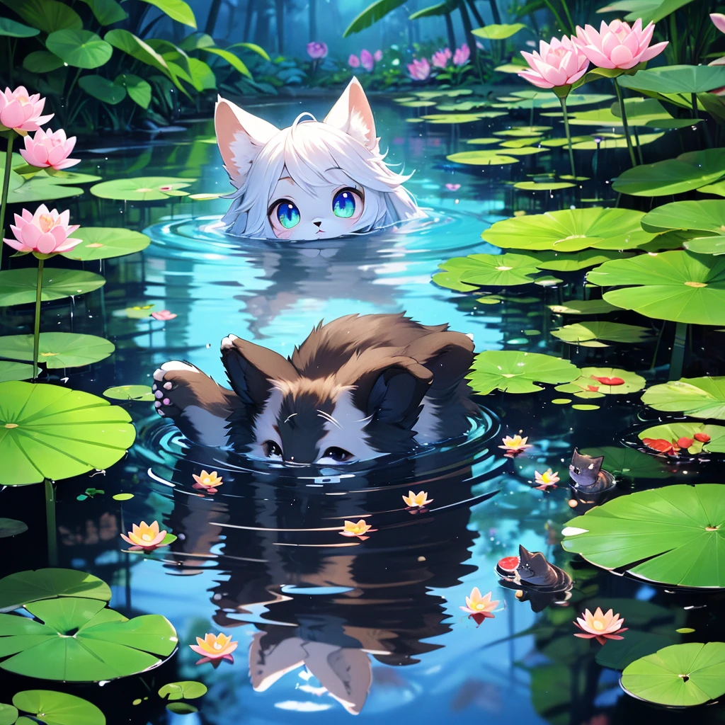 kitten, alone, looking at viewer, water, wet, no humans, animal, cat, insect, butterfly, :<, partially submerged, colored sclera, reflection, black cat, animal focus, ripples, whiskers, water lily