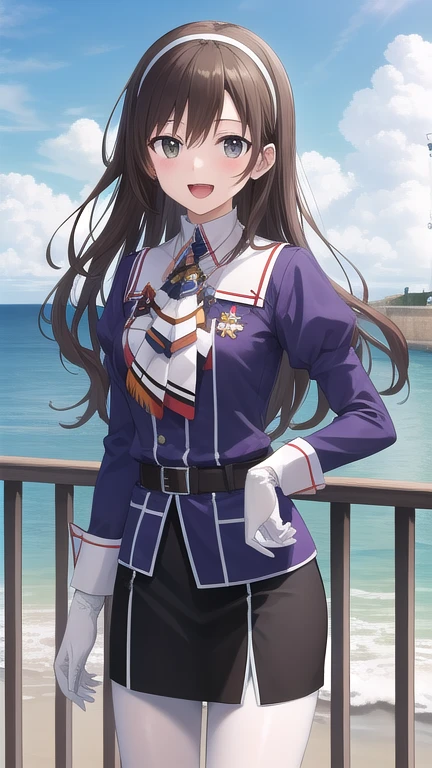 ((masterpiece)),(best quality),official art,extremely detailed CG,unity 8k wallpaper,ultra detailed,A lighthouse on a cliff by the sea,1girl,solo,cowboy shot,long_hair,brown_hair,purple_jacket,pencil_skirt,black_skirt,white_pantyhose,white_gloves,wavy_hair,brown_eyes,white_hairband,long_sleeves,smile,belt,looking_at_viewer,military_uniform,open_mouth,