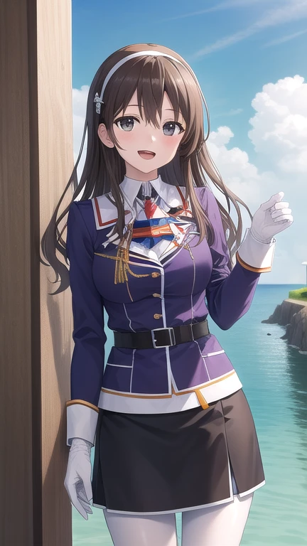 ((masterpiece)),(best quality),official art,extremely detailed CG,unity 8k wallpaper,ultra detailed,A lighthouse on a cliff by the sea,1girl,solo,cowboy shot,long_hair,brown_hair,purple_jacket,pencil_skirt,black_skirt,white_pantyhose,white_gloves,wavy_hair,brown_eyes,white_hairband,long_sleeves,smile,belt,looking_at_viewer,military_uniform,open_mouth,