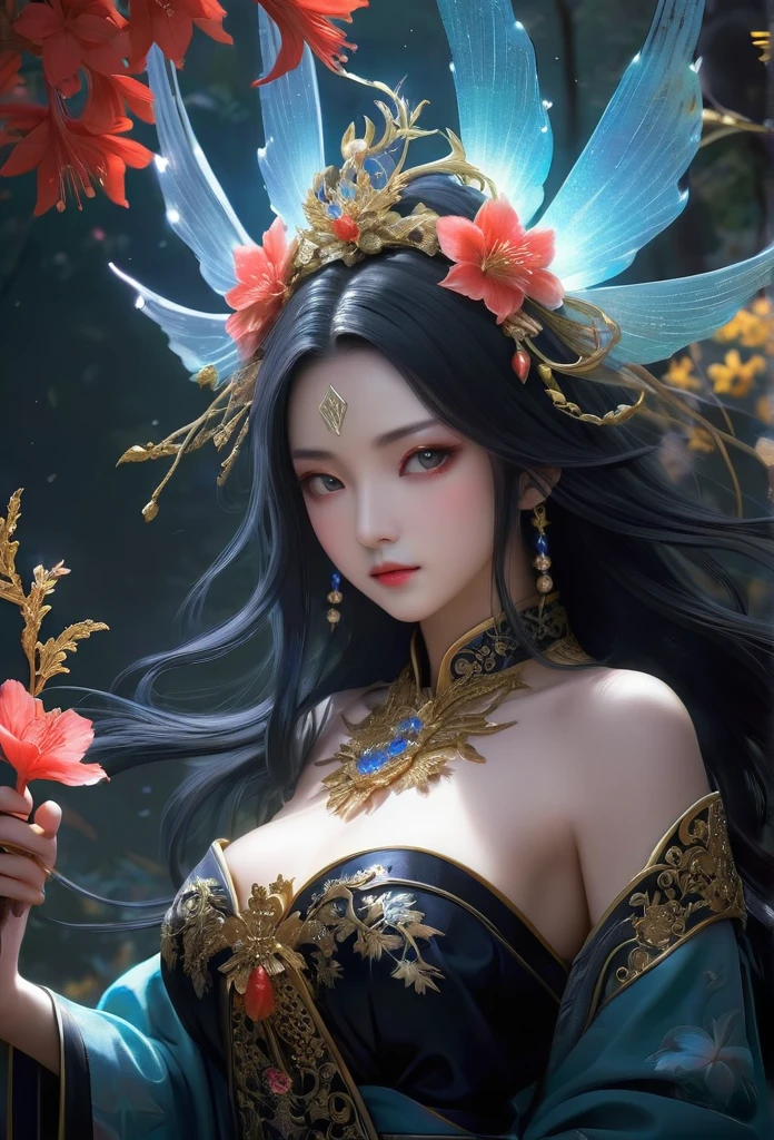 (Lycoris close-up:1.5),彼岸花ofcharm,Mysterious Manzhu Shahua,地狱门前盛开of血色鬼花,Leading souls to the afterlife,charm,flirtatious,of,Magic Sword,合金iron ornamental work,合金藤蔓环绕着Magic Sword,剑上有iron ornamental work,Heavy Metal Style,Metal Art,铁做of花,Iron Leaf,Full of metallic luster,后工业时代of金属质感,用扭绞合金丝制成of工艺品,Golden Flower,iron ornamental work,Silver Flower,Metal branches,Crystal Pendant,Emerald setting,Well structured,Perfect craftsmanship,Magic Lightning Background,Blue Lightning,There are fairies,Dark fantasy art, dark flower shaman, 黑暗幻想concept艺术, 血源诅咒concept艺术, 黑暗concept艺术, Feiyu Searching for Flowers, 暗黑破坏神数字concept艺术, Dark fantasy art style, dark flowers, 🌺 CG Society, Bloodborne Art, photorealistic 黑暗concept艺术, concept, Reuben Tan,A painting,画中一名身穿红袍of女子站在恶魔面前, Goddess of Death, author:hero, Beautiful Shinigami, 美丽优雅of恶魔女王, Dark fantasy art, Death Portrait, Onmyoji detailed art, Persephone as the Goddess of Death, 美丽of巫师, 不祥of奇幻插画